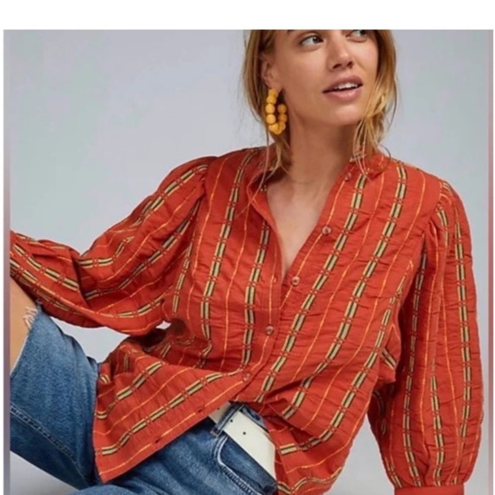 Anthropologie | Pilcro Bella Femme Orange Striped Embroidered Button Down Shirt - Picture 2 of 14